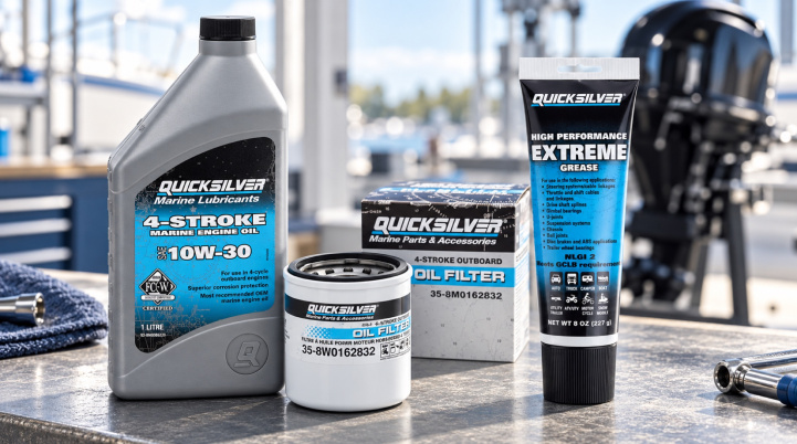 Иллюстрация: масло, фильтр и смазка Quicksilver для обслуживания двигателя