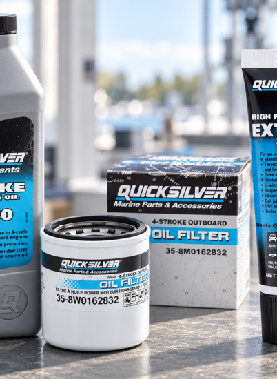 Иллюстрация: масло, фильтр и смазка Quicksilver для обслуживания двигателя