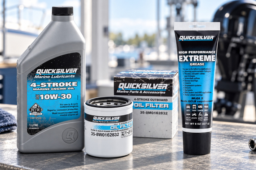 Иллюстрация: масло, фильтр и смазка Quicksilver для обслуживания двигателя