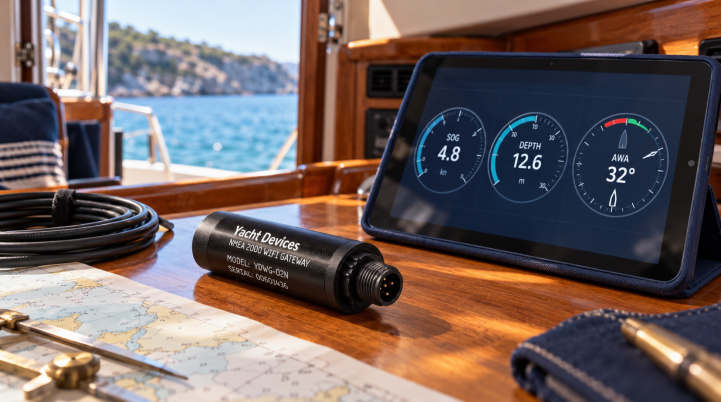 Иллюстрация: Wi-Fi-шлюз Yacht Devices YDWG-02N и планшет с бортовыми данными на яхте