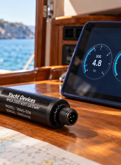 Иллюстрация: Wi-Fi-шлюз Yacht Devices YDWG-02N и планшет с бортовыми данными на яхте