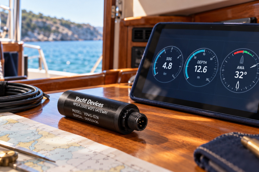 Иллюстрация: Wi-Fi-шлюз Yacht Devices YDWG-02N и планшет с бортовыми данными на яхте
